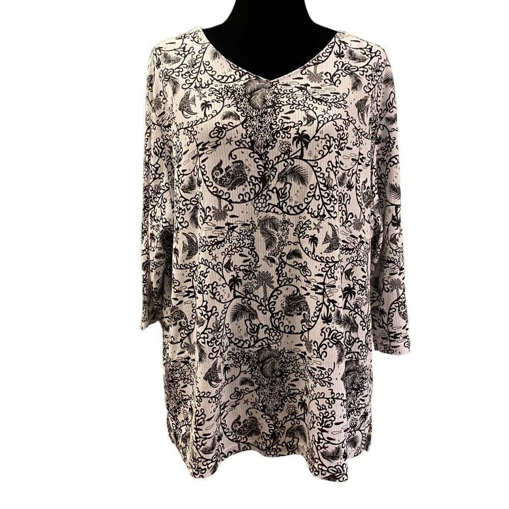 Palm Grove Black‎ and White Fish Palm Trees Beach Top Sz 3X